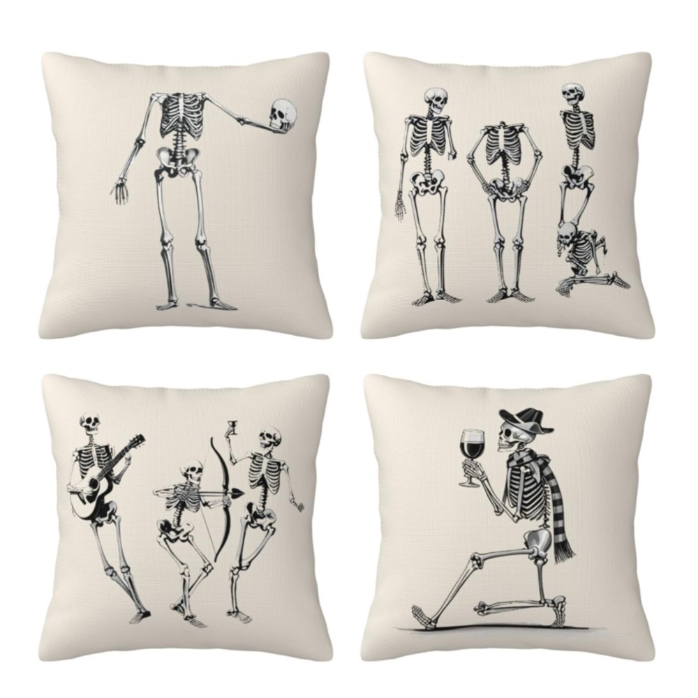 💀NEW Set of 4 Pillow Covers Skeleton Pumpkin Halloween Goth Spooky 18 x 18”